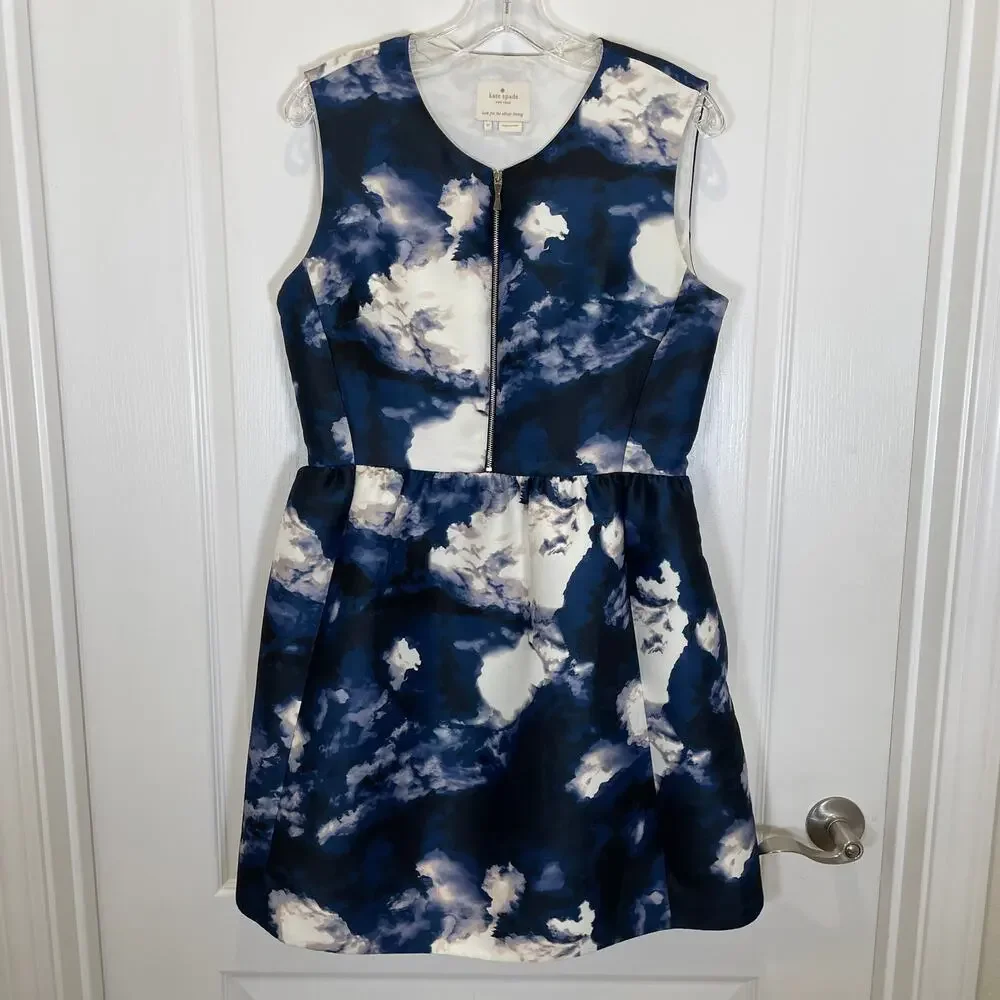 Kate Spade‎ Joss Dress Clouds Print Zip Front Fit and Flare Blue White Mini 12